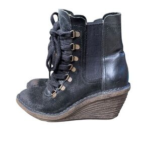 FLY LONDON SUZU BLACK OIL SUEDE SLIP ON WEDGE BOOTS EUR 37 USA 6